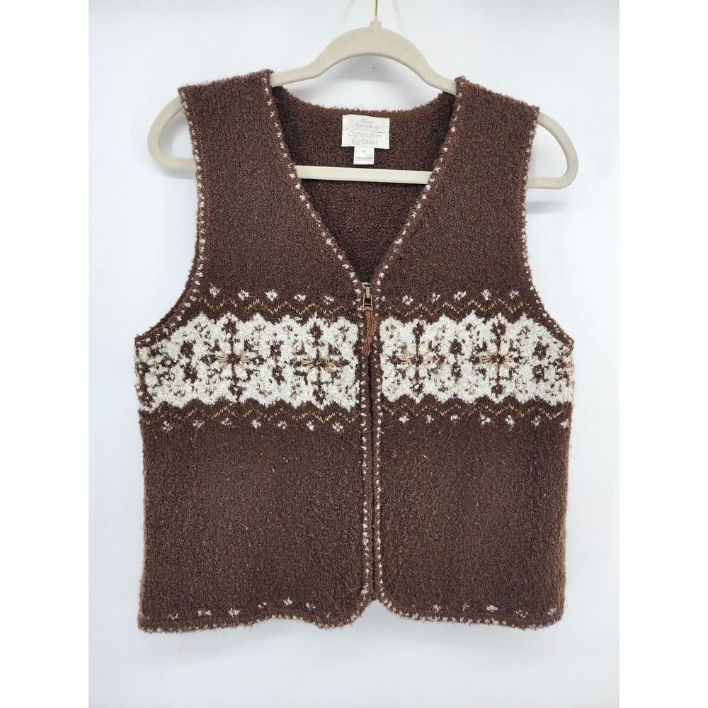 Christopher & Banks Brown Fair Isle Knit Zip Up Sweater Vest Womens Medium